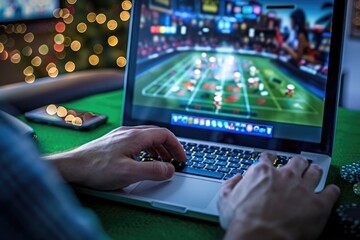 Poster - Person playing video game on laptop, suitable for technology concepts