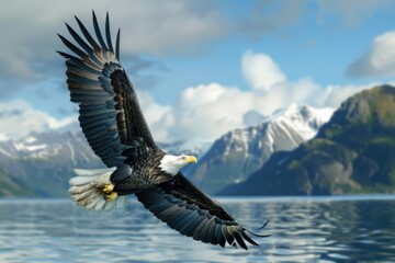 Poster - Majestic bald eagle soaring over a tranquil body of water. Suitable for nature and wildlife themes