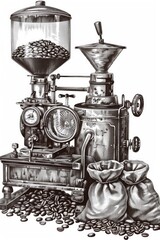 Canvas Print - A drawing of a coffee grinder with coffee beans. Suitable for coffee shop promotions