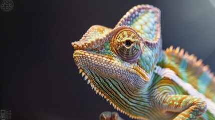 Sticker - Close up of a chameleon on a tree branch. Suitable for nature and wildlife themes