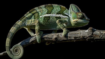 Poster - A vibrant green and white chameleon perched on a tree branch. Perfect for nature and wildlife themes