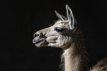Poster - Detailed shot of a llama against a dark backdrop. Suitable for animal or nature themes