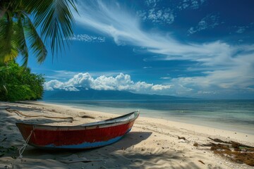 Poster - A boat sitting on top of a sandy beach, perfect for travel brochures