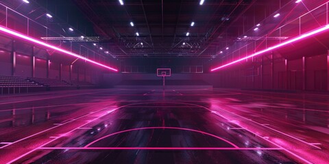 Poster - A basketball court illuminated by neon lights. Perfect for sports or nightlife concepts