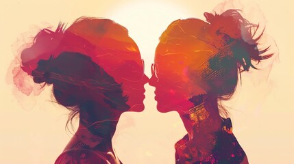 Artistic double exposure portrait of two women's silhouettes with vibrant, colorful overlays in a surreal and abstract style.