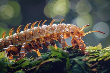 Poster - Detailed close-up of a caterpillar insect on a green plant, suitable for educational materials or nature-themed designs