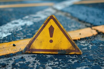 Aufkleber - A yellow caution sign on the side of a road. Suitable for safety and warning concepts