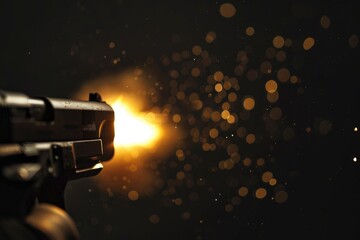 Poster - A person holding a gun in front of a bright light. Suitable for crime or suspense themes