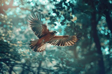 Poster - A bird flying through the air in a forest. Suitable for nature and wildlife themes