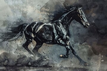 Aufkleber - A powerful black horse running freely in the wind. Suitable for equestrian or freedom concept