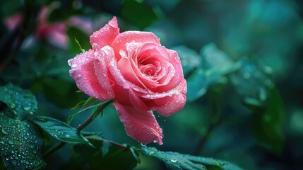 Poster - A beautiful pink rose with glistening water droplets. Suitable for various design projects