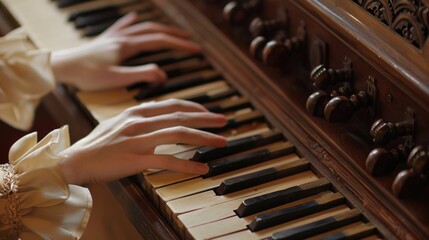 Poster - Close up image of a person playing a piano. Suitable for music or education themes