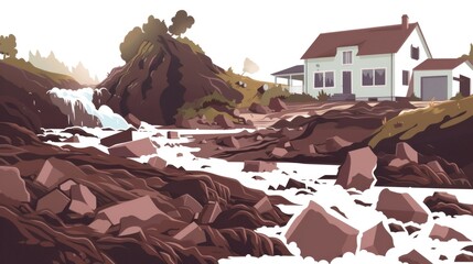 Poster - A painting of a house on a rocky hill. Suitable for real estate or nature concepts
