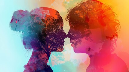 Poster - Silhouette of two faces with overlapping nature scenes, blending human connection and elements of nature in vibrant colors.