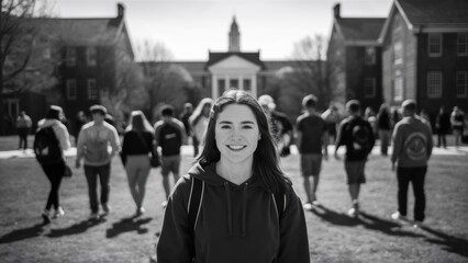 Poster - A woman standing in front of a group of people on campus, AI