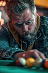 Poster - A man with a beard playing a game of pool. Suitable for sports and leisure concepts