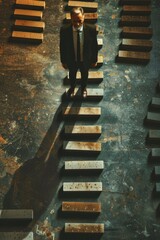 Poster - A man in a suit and tie standing on a set of stairs. Ideal for business and success concepts