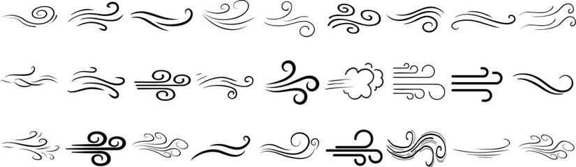 Wall Mural - wind line doodle symbols, breeze icons, swirl patterns, decorative air element designs in various st