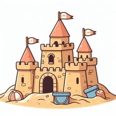 A castle made of sand sits on a beach