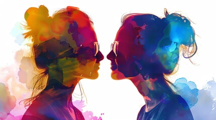 Poster - Abstract watercolor art featuring the silhouette profiles of two people facing each other, filled with vibrant and colorful splashes.