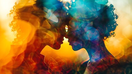 Silhouettes of two people in an intimate moment, bathed in colorful light, evoking love and connection in a dreamy atmosphere.