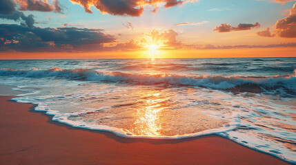 Wall Mural - Stunning sunset over a tranquil beach with gentle sea waves
