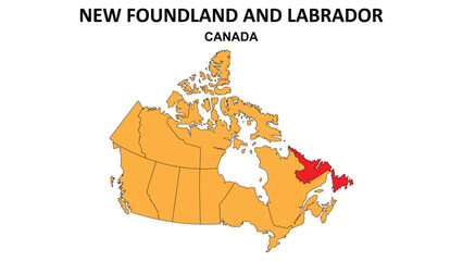 Canvas Print - New Foundland and Labrador Map is highlighted on the Canada map with detailed state and region outlines.