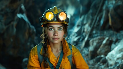 Female miner in cave, a female miner, equipped with a safety helmet featuring bright headlamps, stands ready in the depths of a dimly lit cave.