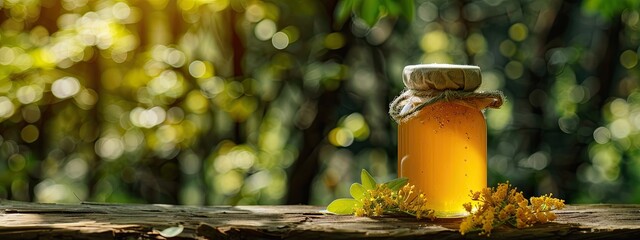 Poster - close-up of rapeseed honey on a field background. Selective focus