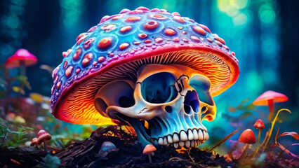 Wall Mural - A brightly colored mushroom with a red and blue spotted cap with a human skull underneath.