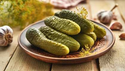 Pickled cucumbers in clay bowl, homemade canned pickles. Tasty food. Vegetables cooking process.