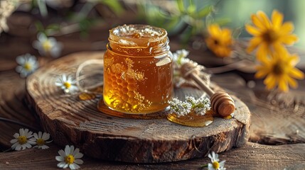 Wall Mural - close-up of a jar of burkunivy honey. Selective focus