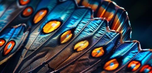 A closeup of butterfly wings, showcasing iridescent colors and intricate patterns.