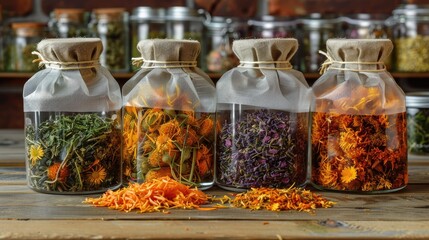 Wall Mural - dried medicinal herbs and flowers on the table