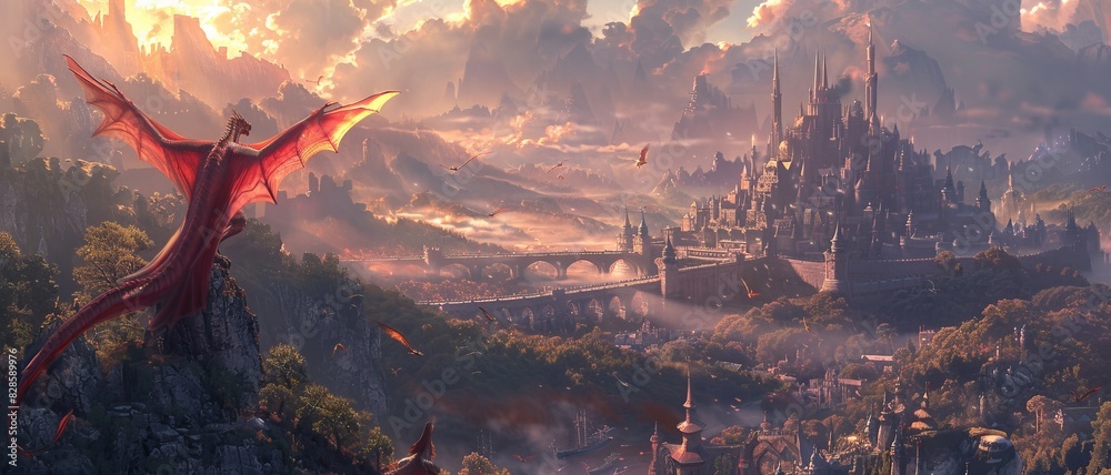 Fantasy landscape with a majestic dragon overlooking a medieval castle ...