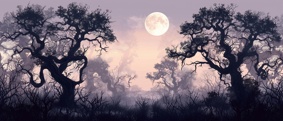 A dark forest with a full moon in the sky