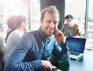Fototapete - Creative, man and portrait in meeting at conference room with editor of online magazine. Businessman, smile and teamwork feedback, collaboration and chat about planning web article and project