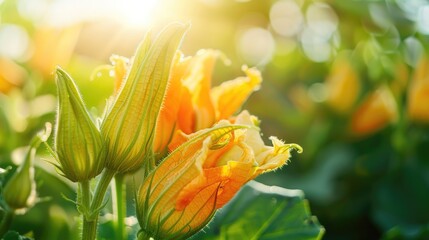 Wall Mural - Close up of fresh courgettes or zucchini with flowers.