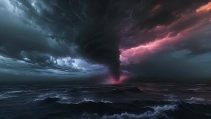 Wall Mural - the sky above is a chaotic mix of dark storm clouds and vibrant flashes of lightning a foreboding ba