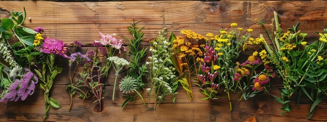 Wall Mural - medicinal flowers on the table top view. selective focus