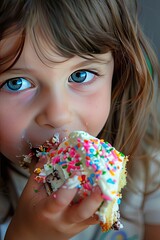 Wall Mural - close-up of a child eating a cake. Selective focus