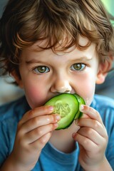 Wall Mural - close-up of a child eating a cucumber. Selective focus