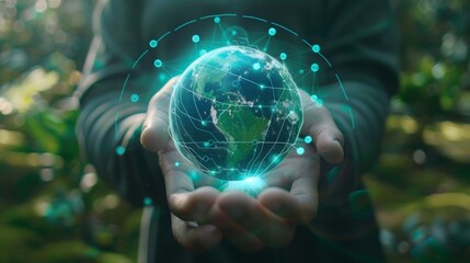 Wall Mural - Man hands holding global network and data customer connection on nature background