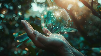 Wall Mural - Man hands holding global network and data customer connection on nature background