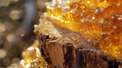 Wall Mural - close-up of honey in honeycombs on the background of nature. Selective focus