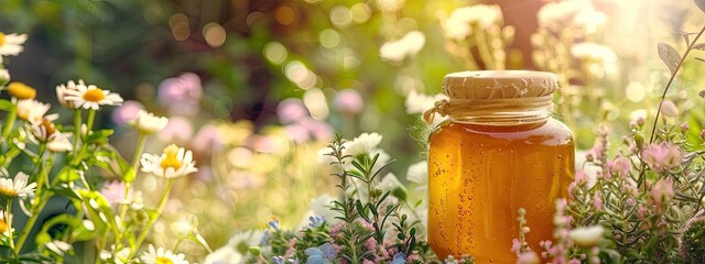 Wall Mural - close-up of a jar of honey from medicinal flowers. Selective focus