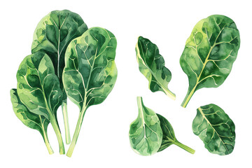 Illustration of fresh green spinach leaves isolated on white background. Perfect for cooking, salad, and health-related content.