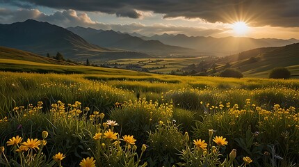 This image shows a field of yellow flowers in front of a valley with mountains in the distance. The sun is shining brightly in the sky.

