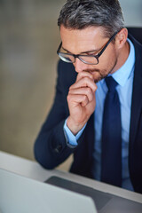 Leinwandbilder - Thinking, business man and laptop with finance research, investment planning and trading website. Internet, professional and office with online, digital and corporate employee at desk with idea