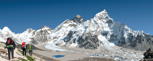 Wall Mural - mount Everest and Nuptse as seen from Kala Patthar with three hikers, vector illustration, Mt Everest 8,848 m, Khumbu valley, Nepal Himalayas mountains